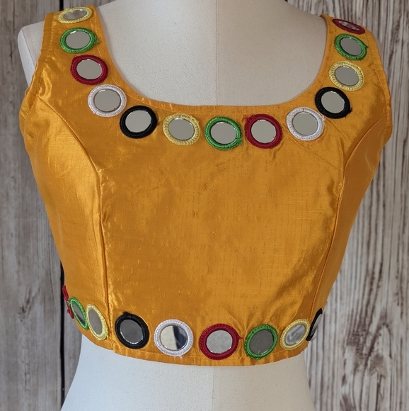 Yellow readymade Saree lehenga blouse with big mirror work. - Picture 1 of 10